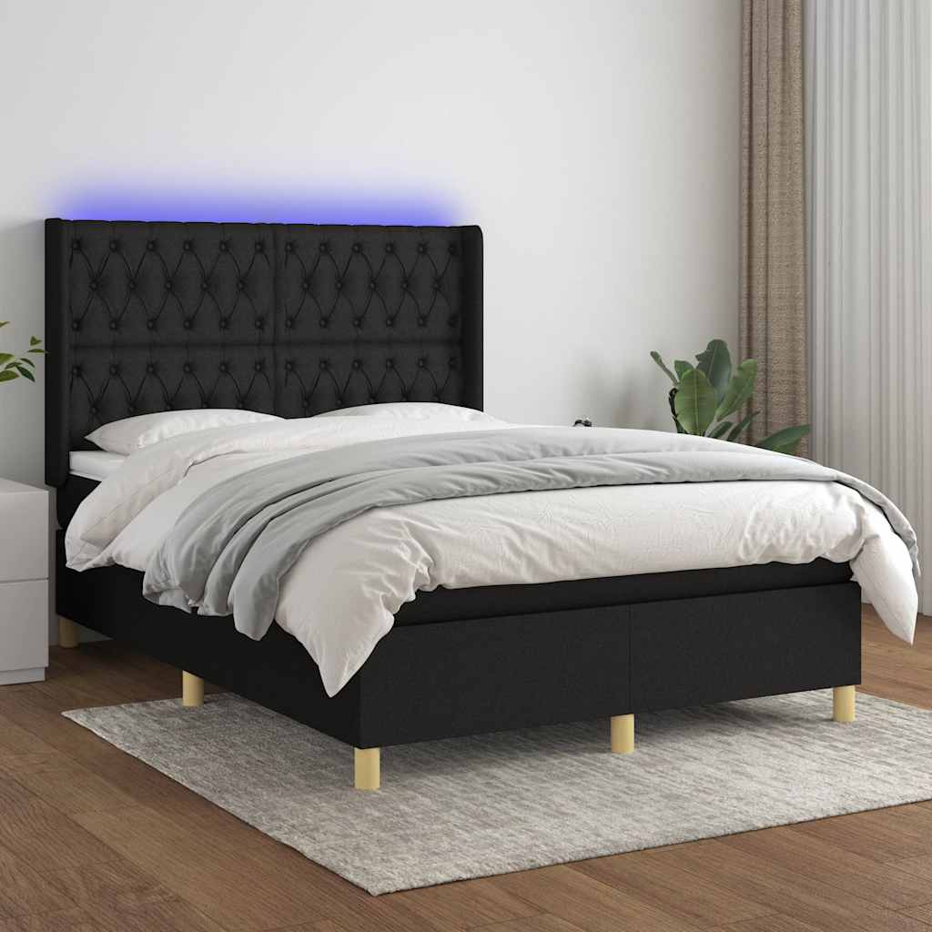 JUNG Vida Boxspringbett mit Matratze & LED Schwarz 140x200 cm Stoff