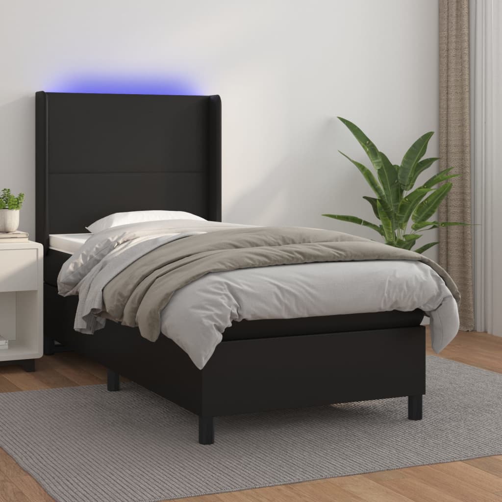 JUNG Vida Boxspringbett mit Matratze & LED Schwarz 90x190 cm Kunstleder