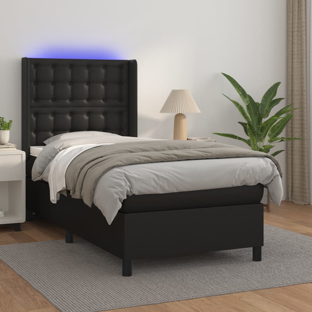 JUNG Vida Boxspringbett mit Matratze & LED Schwarz 90x200 cm Kunstleder