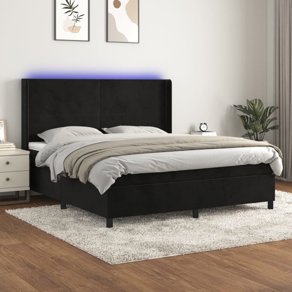 JUNG Vida Boxspringbett mit Matratze & LED Schwarz 180x200 cm Samt
