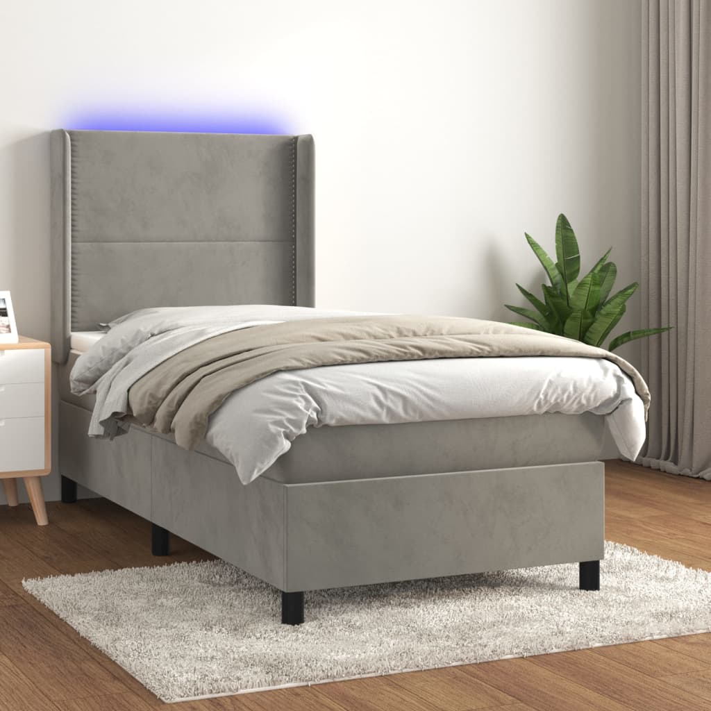 JUNG Vida Boxspringbett mit Matratze & LED Hellgrau 100x200 cm Samt