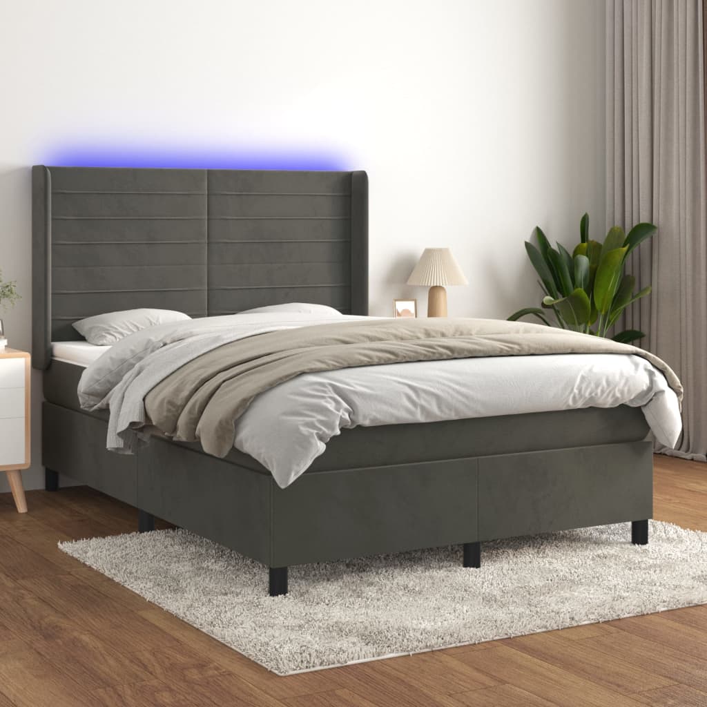 JUNG Vida Boxspringbett mit Matratze & LED Dunkelgrau 140x200 cm Samt