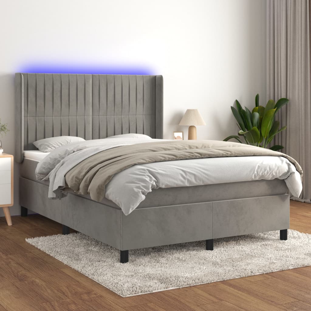 JUNG Vida Boxspringbett mit Matratze & LED Hellgrau 140x200 cm Samt
