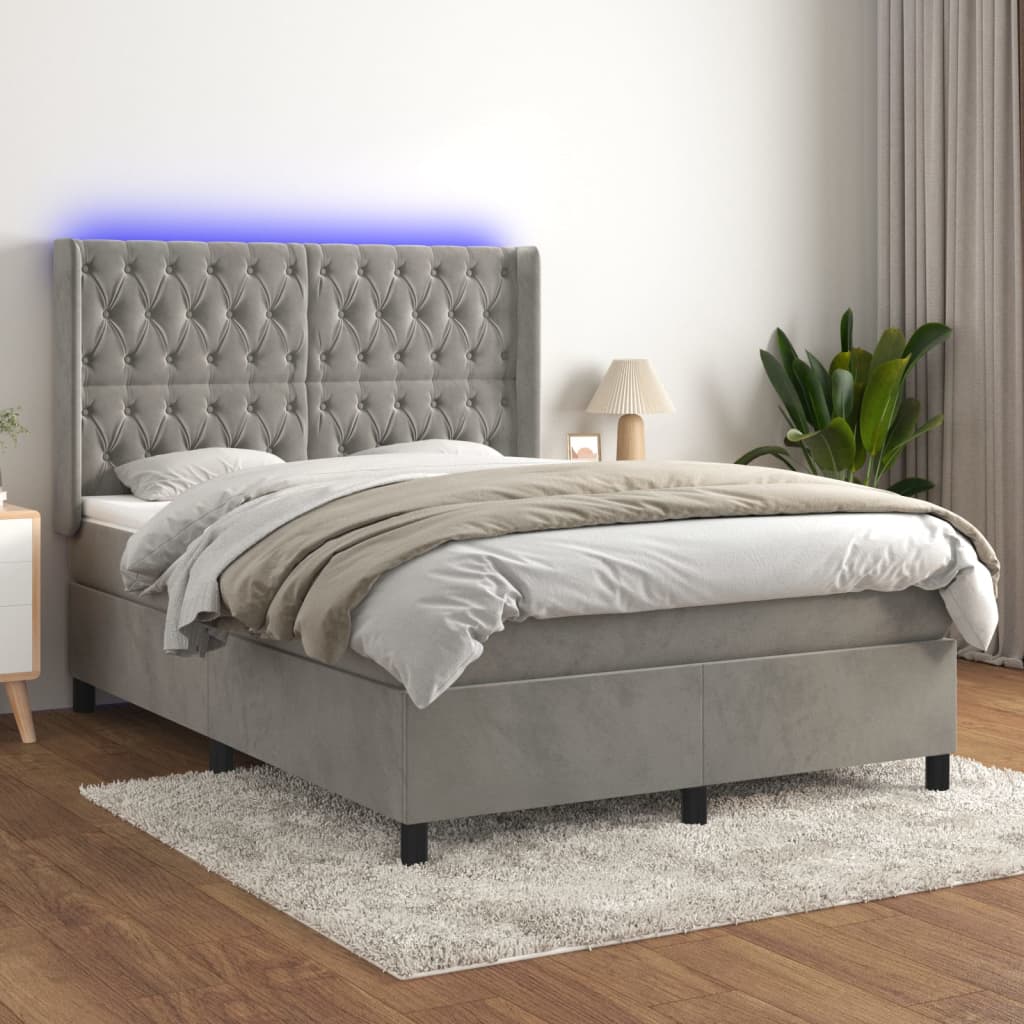 JUNG Vida Boxspringbett mit Matratze & LED Hellgrau 140x200 cm Samt