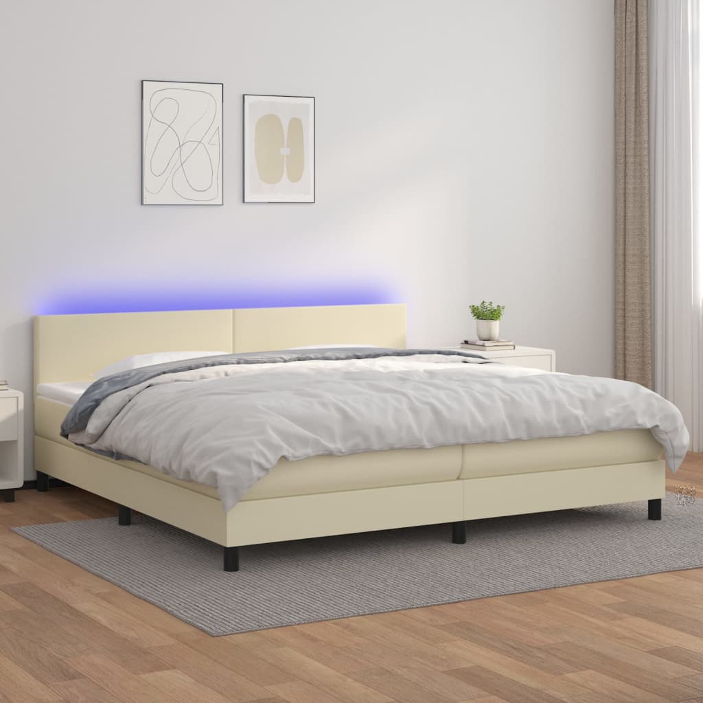 JUNG Vida Boxspringbett mit Matratze & LED Creme 200x200 cm Kunstleder