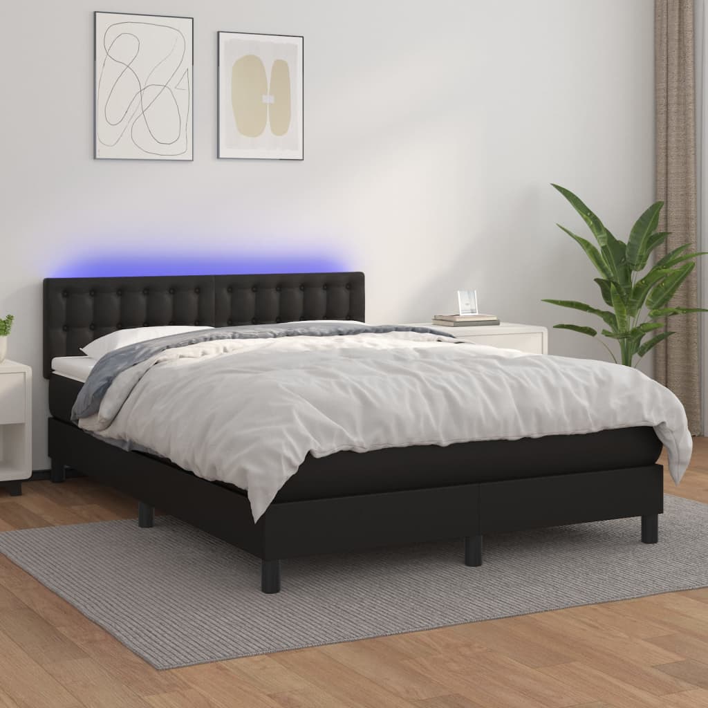 JUNG Vida Boxspringbett mit Matratze & LED Schwarz 140x200 cm Kunstleder