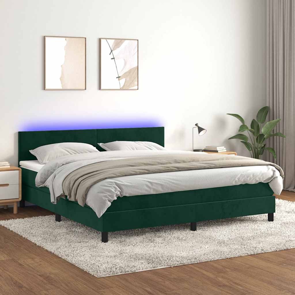 JUNG Vida Boxspringbett mit Matratze & LED Dunkelgrün 160x200 cm Samt