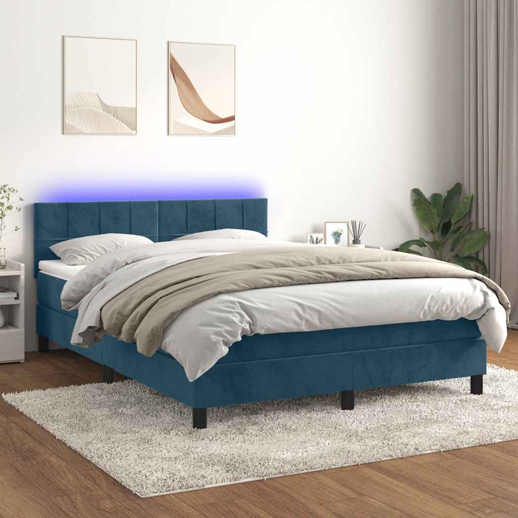 JUNG Vida Boxspringbett mit Matratze & LED Dunkelblau 140x200 cm Samt