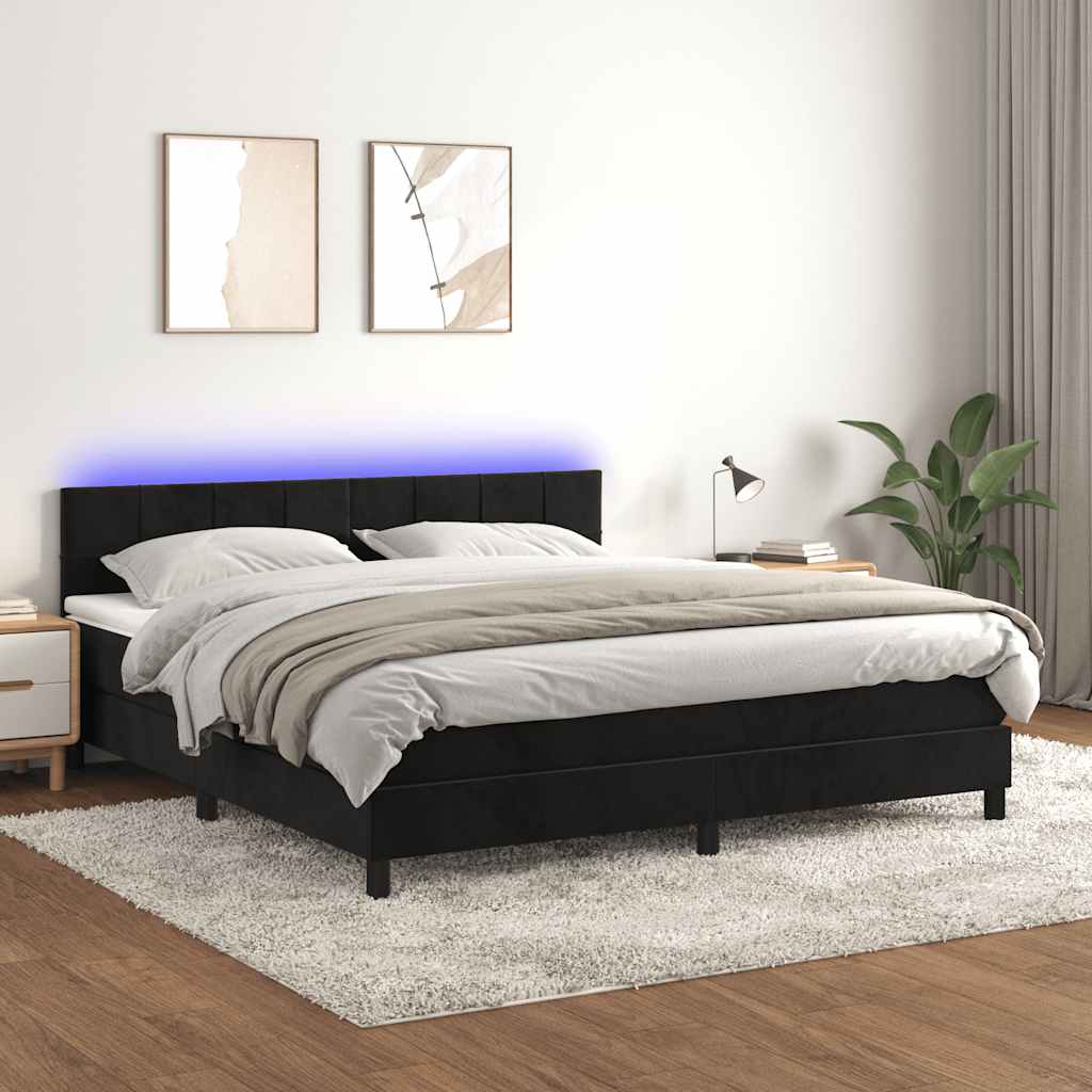 JUNG Vida Boxspringbett mit Matratze & LED Schwarz 180x200 cm Samt