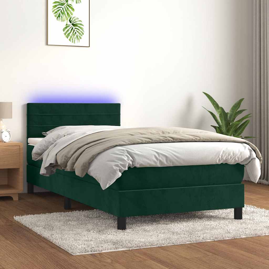 JUNG Vida Boxspringbett mit Matratze & LED Dunkelgrün 100x200 cm Samt