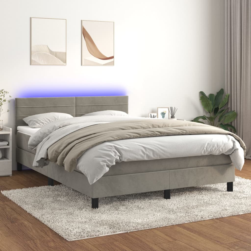 JUNG Vida Boxspringbett mit Matratze & LED Hellgrau 140x200 cm Samt