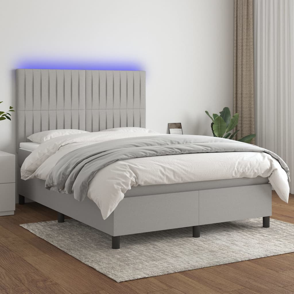 JUNG Vida Boxspringbett mit Matratze & LED Hellgrau 140x200 cm Stoff