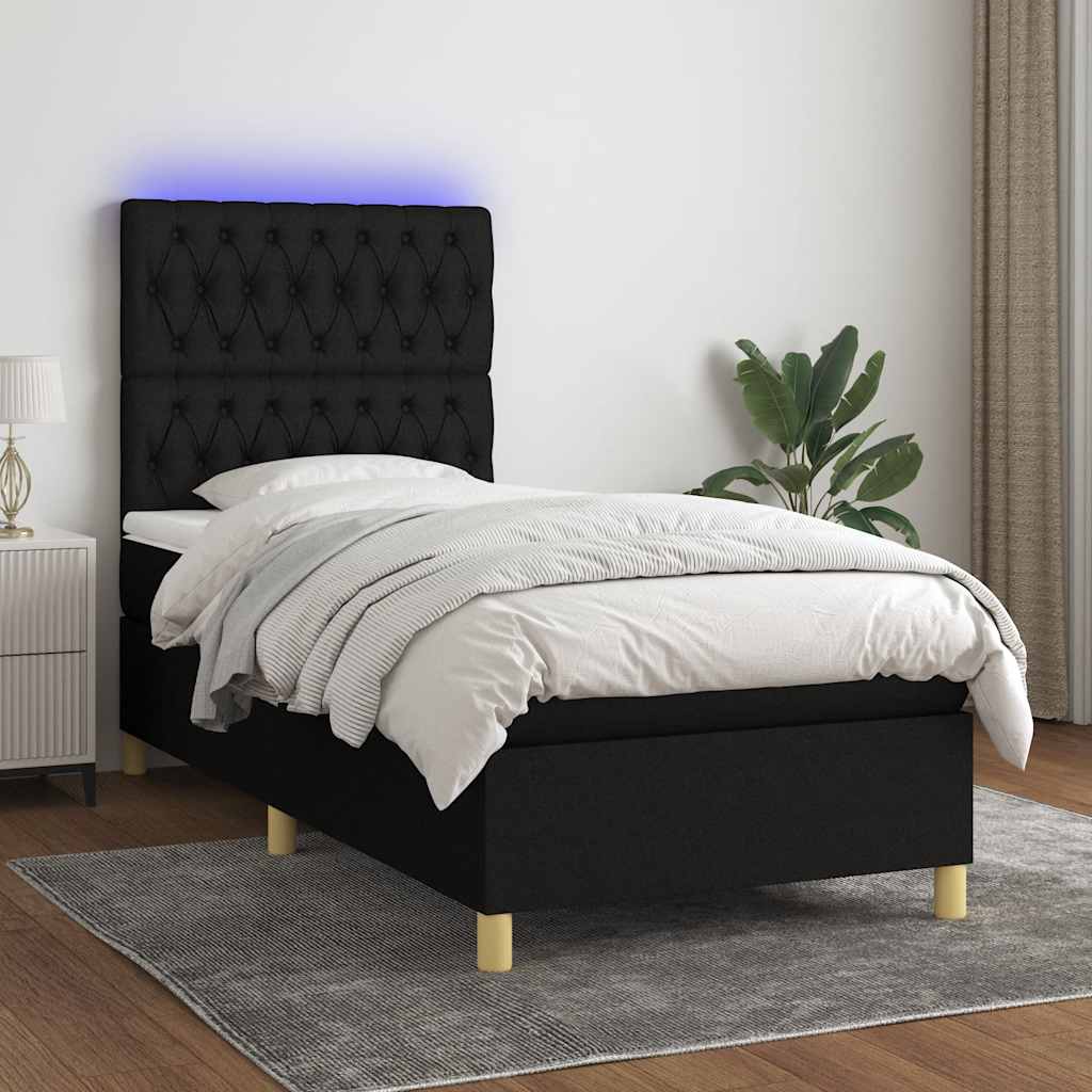 JUNG Vida Boxspringbett mit Matratze & LED Schwarz 90x200 cm Stoff