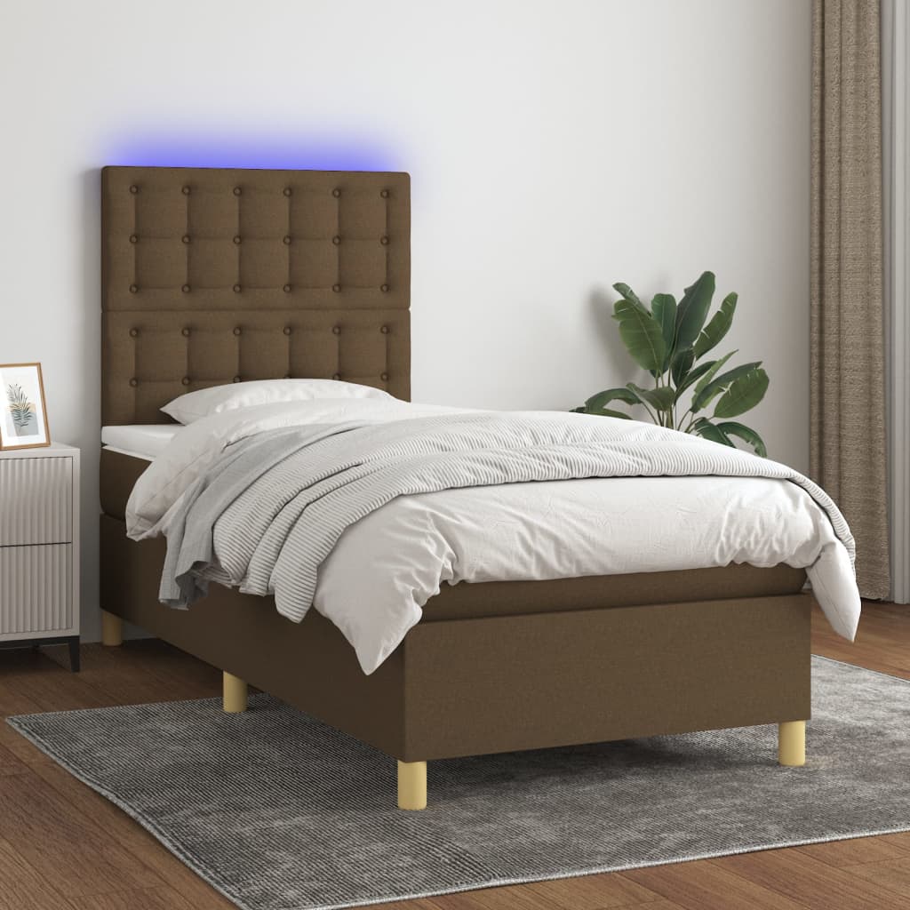 JUNG Vida Boxspringbett mit Matratze & LED Dunkelbraun 100x200 cm Stoff