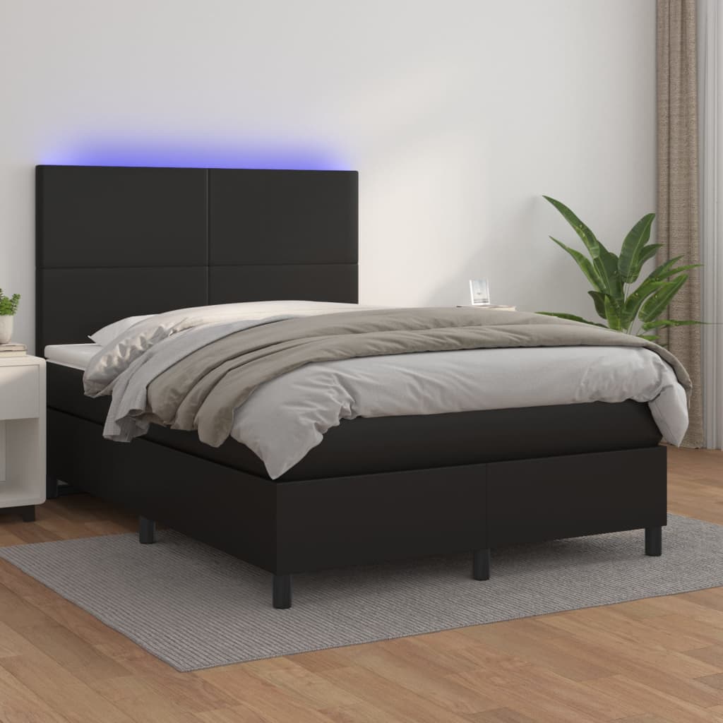 JUNG Vida Boxspringbett mit Matratze & LED Schwarz 140x190 cm Kunstleder