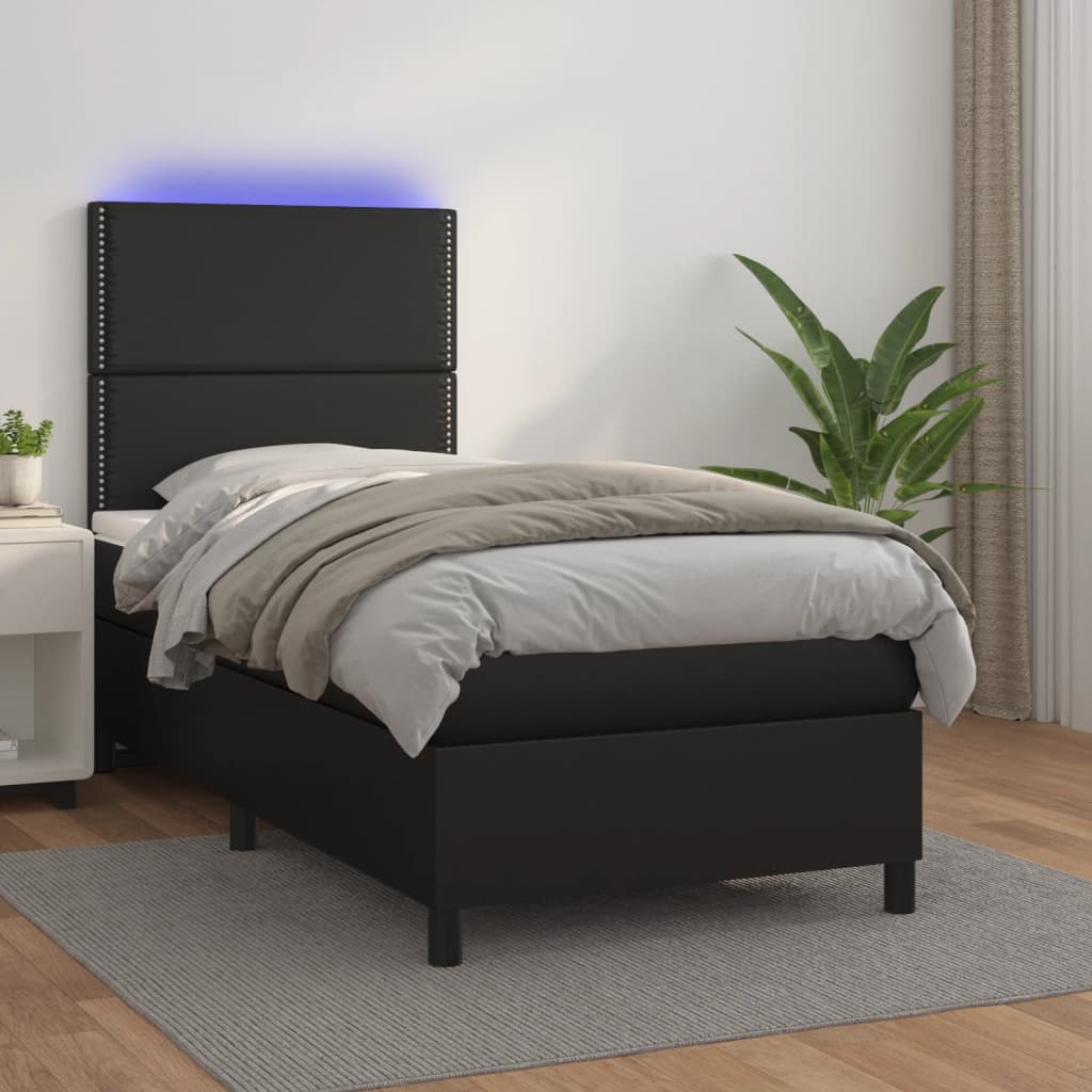 JUNG Vida Boxspringbett mit Matratze & LED Schwarz 100x200 cm Kunstleder
