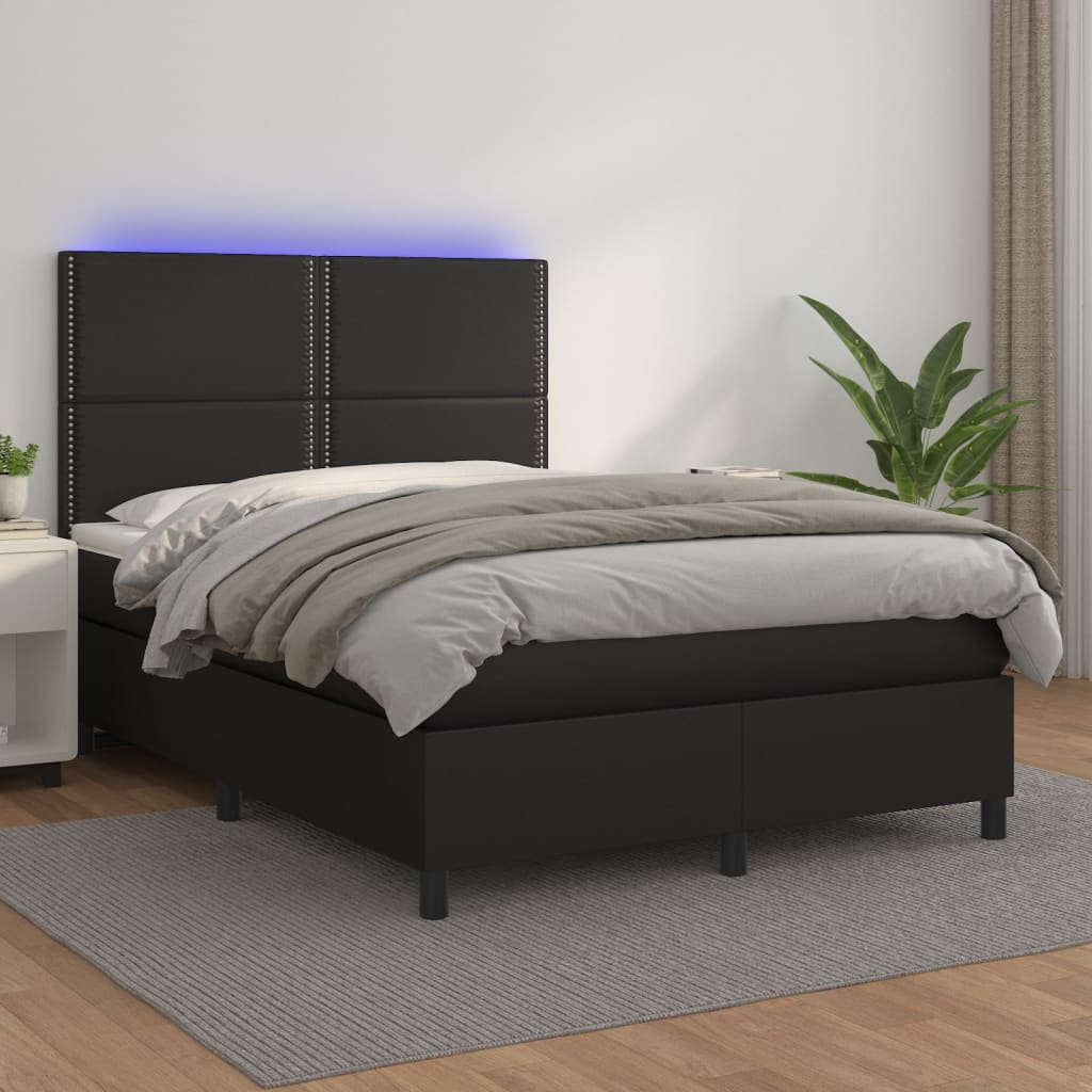 JUNG Vida Boxspringbett mit Matratze & LED Schwarz 140x200 cm Kunstleder