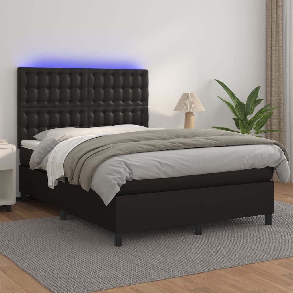 JUNG Vida Boxspringbett mit Matratze & LED Schwarz 140x200 cm Kunstleder