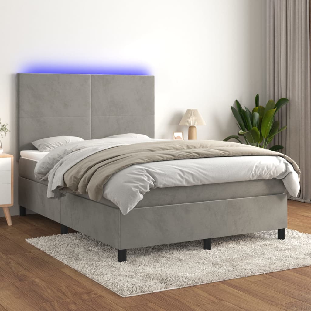 JUNG Vida Boxspringbett mit Matratze & LED Hellgrau 140x190 cm Samt