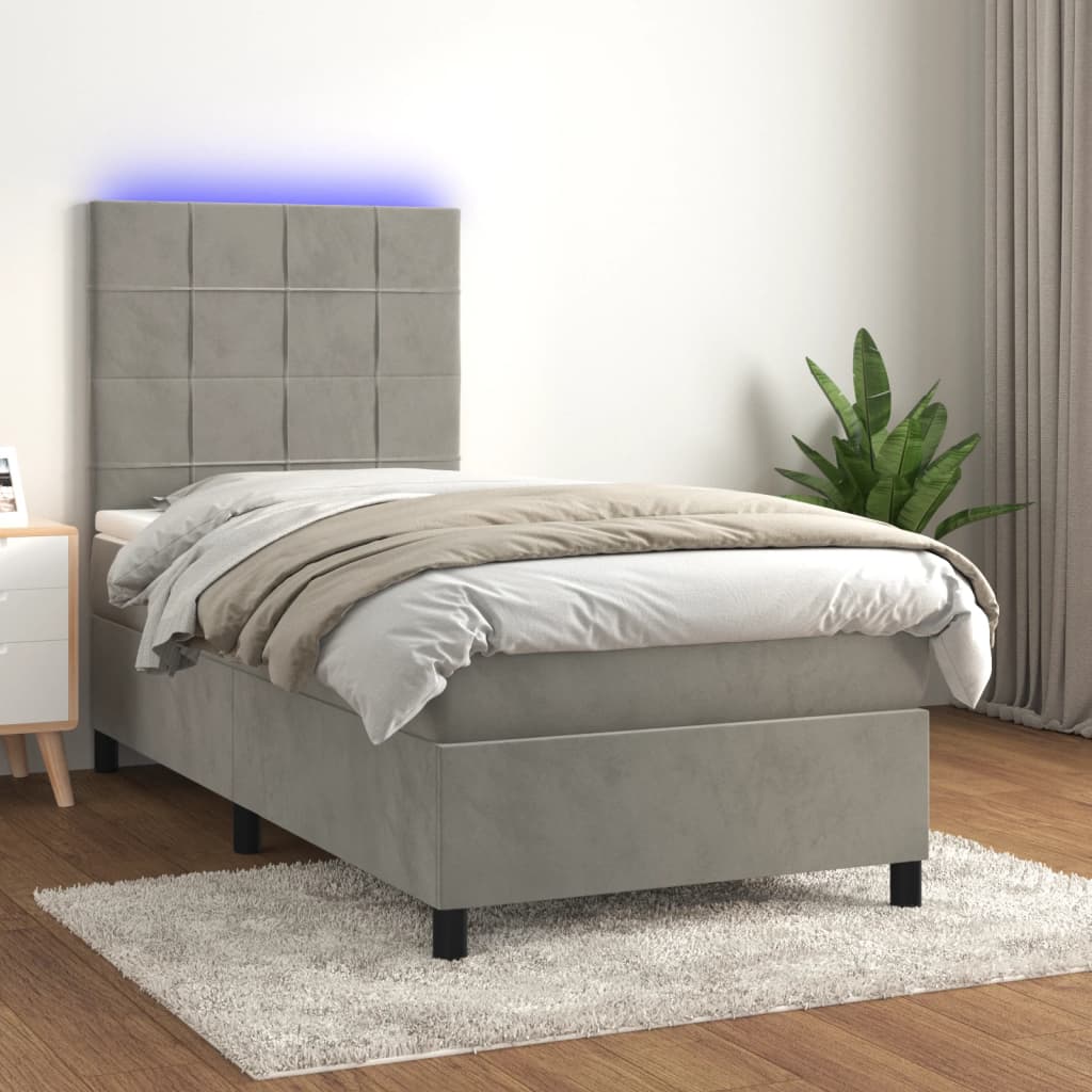 JUNG Vida Boxspringbett mit Matratze & LED Hellgrau 90x190 cm Samt