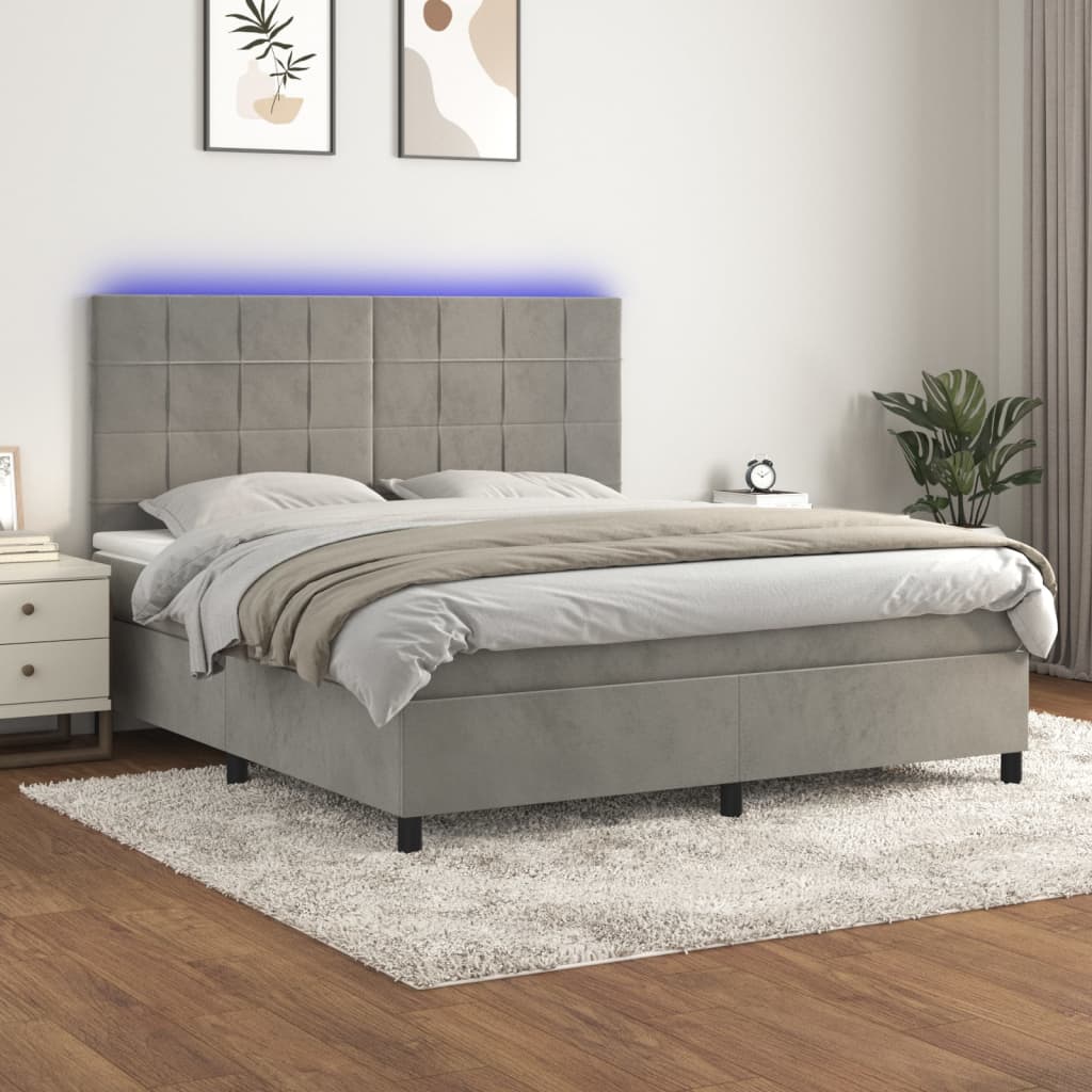 JUNG Vida Boxspringbett mit Matratze & LED Hellgrau 180x200 cm Samt