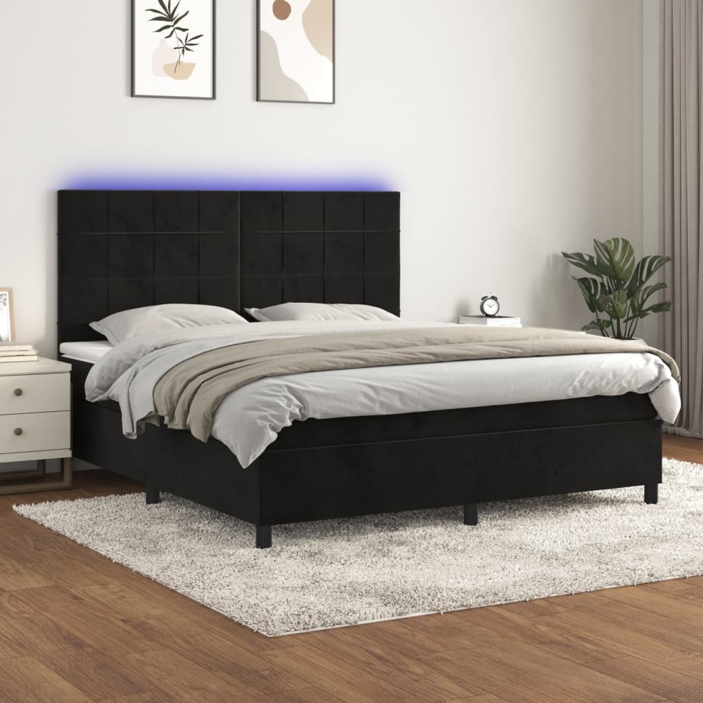 JUNG Vida Boxspringbett mit Matratze & LED Schwarz 180x200 cm Samt