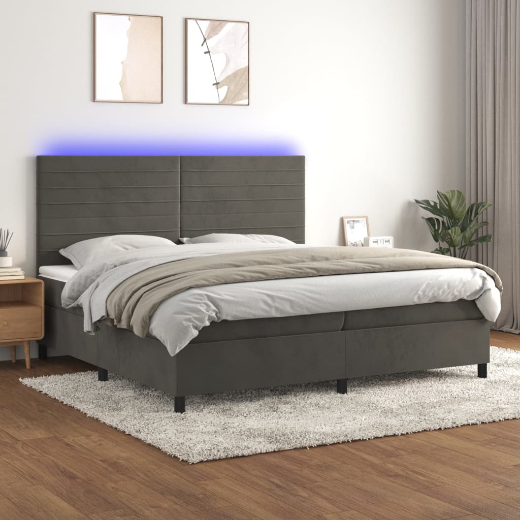 JUNG Vida Boxspringbett mit Matratze & LED Dunkelgrau 200x200 cm Samt