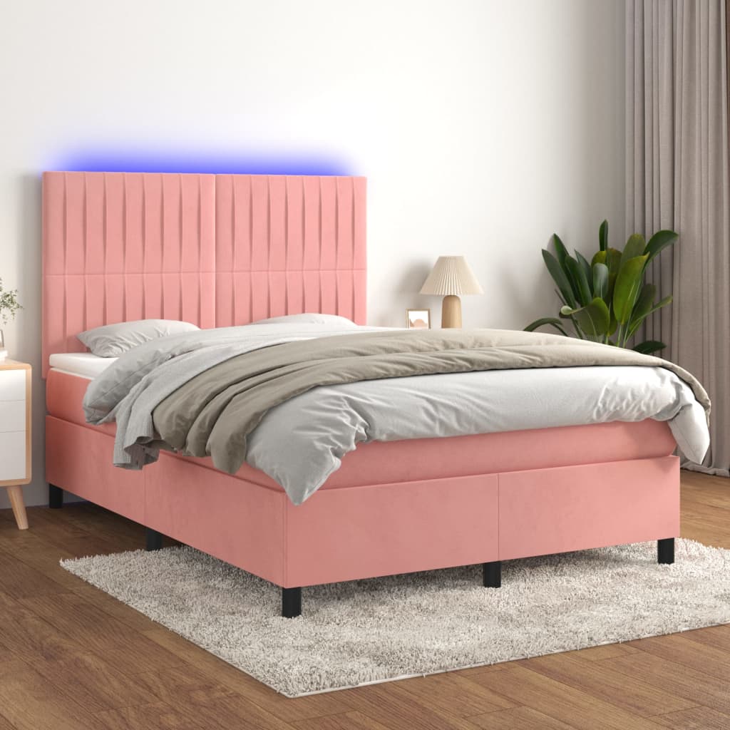 JUNG Vida Boxspringbett mit Matratze & LED Rosa 140x200 cm Samt
