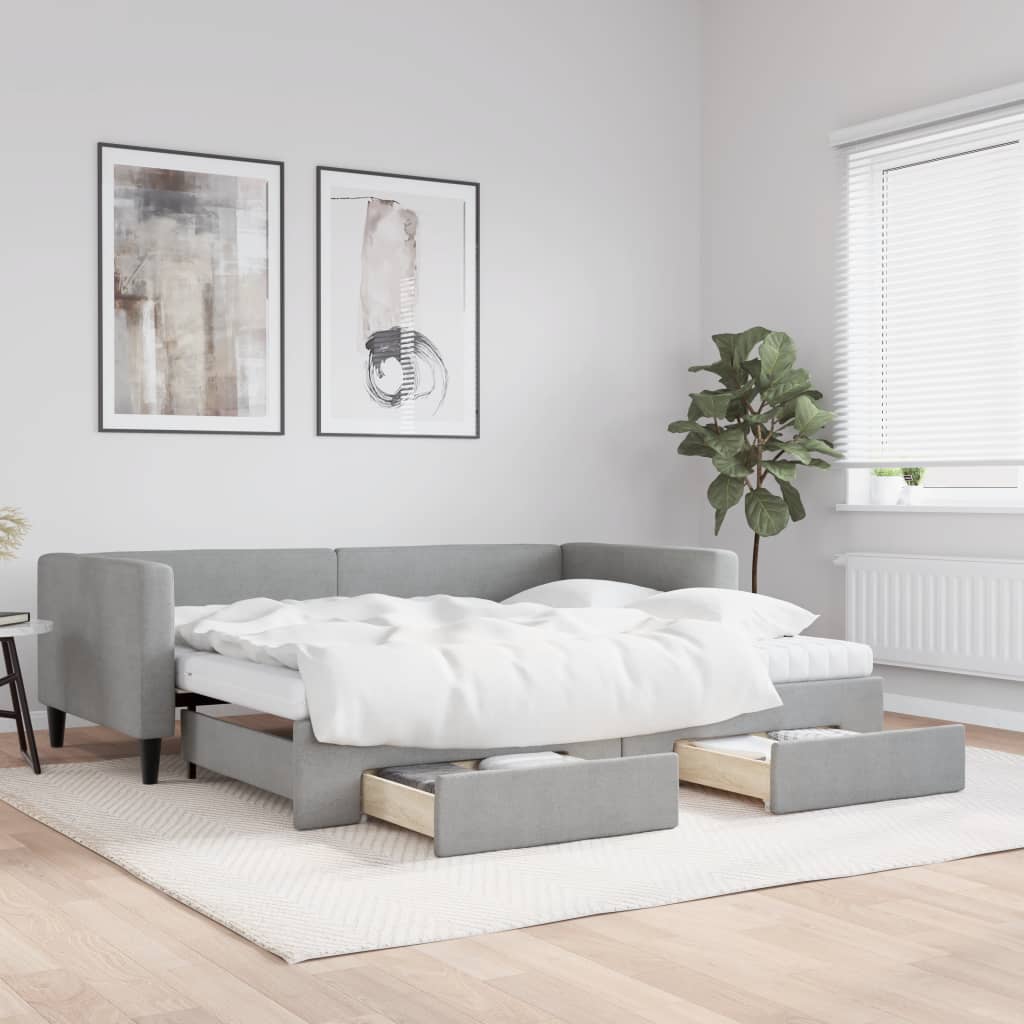 JUNG Vida Tagesbett Ausziehbar mit Schubladen Hellgrau 90x200 cm Stoff