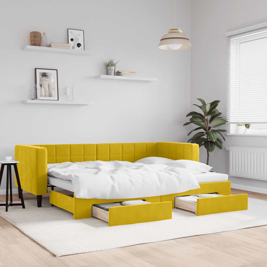 JUNG Vida Tagesbett Ausziehbar mit Schubladen Gelb 80x200 cm Samt