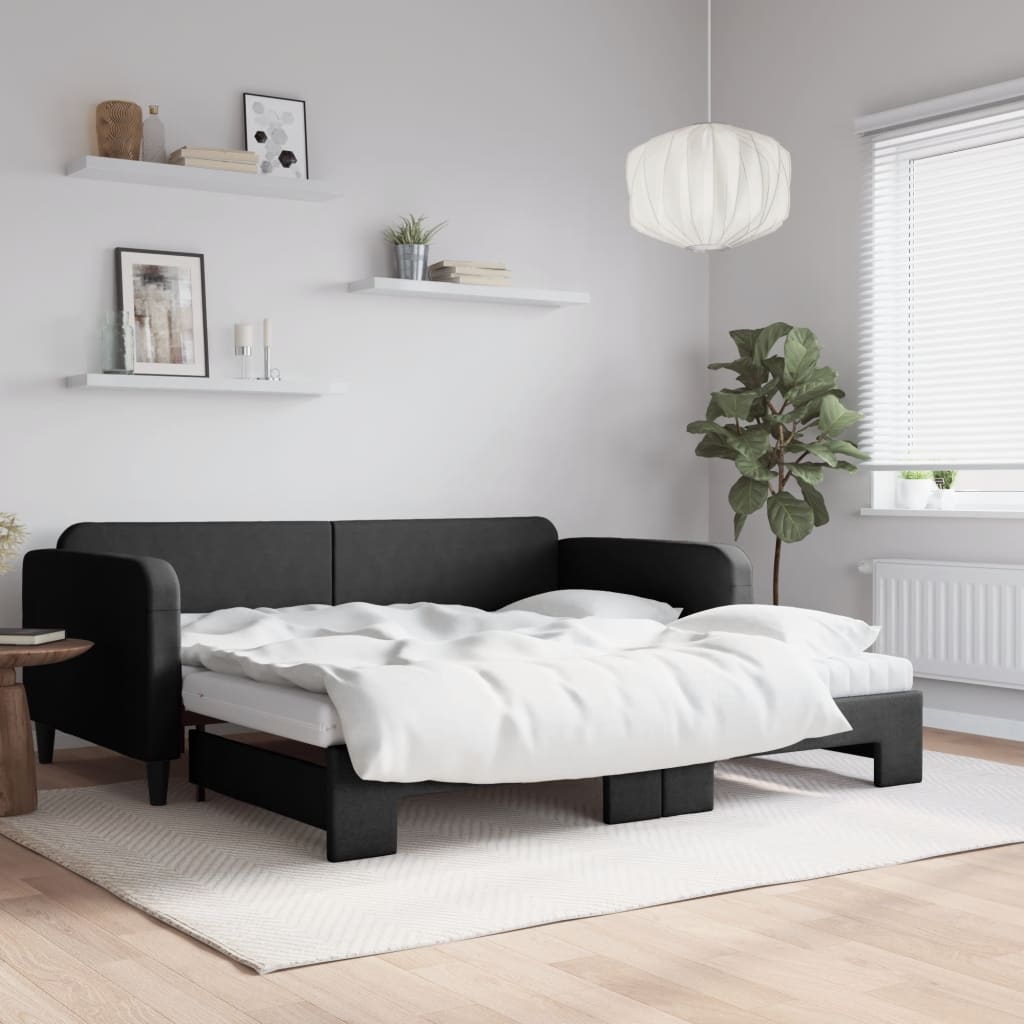 JUNG Vida Tagesbett Ausziehbar mit Matratzen Schwarz 100x200 cm Stoff