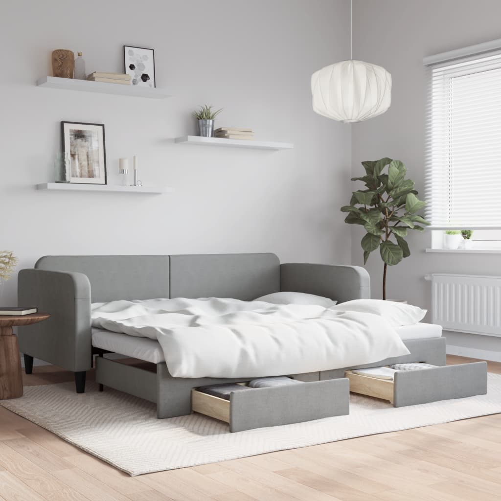 JUNG Vida Tagesbett Ausziehbar mit Schubladen Hellgrau 90x200 cm Stoff