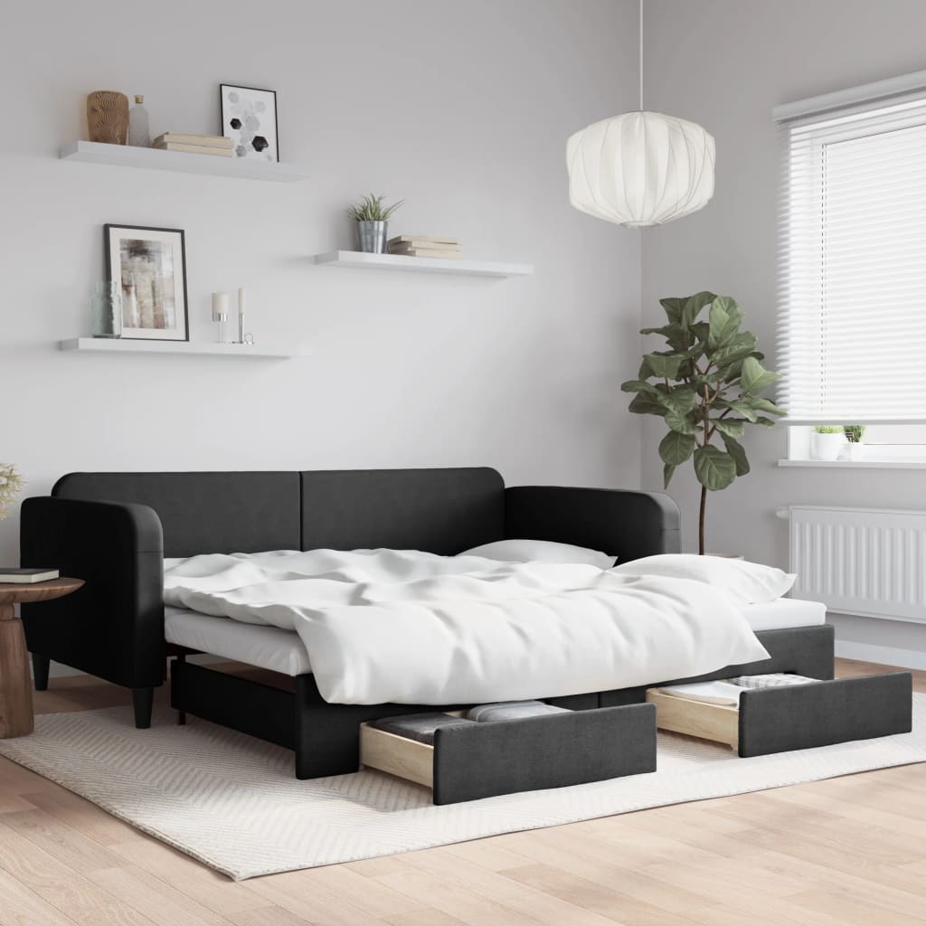 JUNG Vida Tagesbett Ausziehbar mit Schubladen Schwarz 100x200 cm Stoff