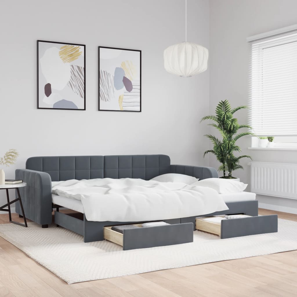 JUNG Vida Tagesbett Ausziehbar mit Schubladen Dunkelgrau 90x200 cm Samt