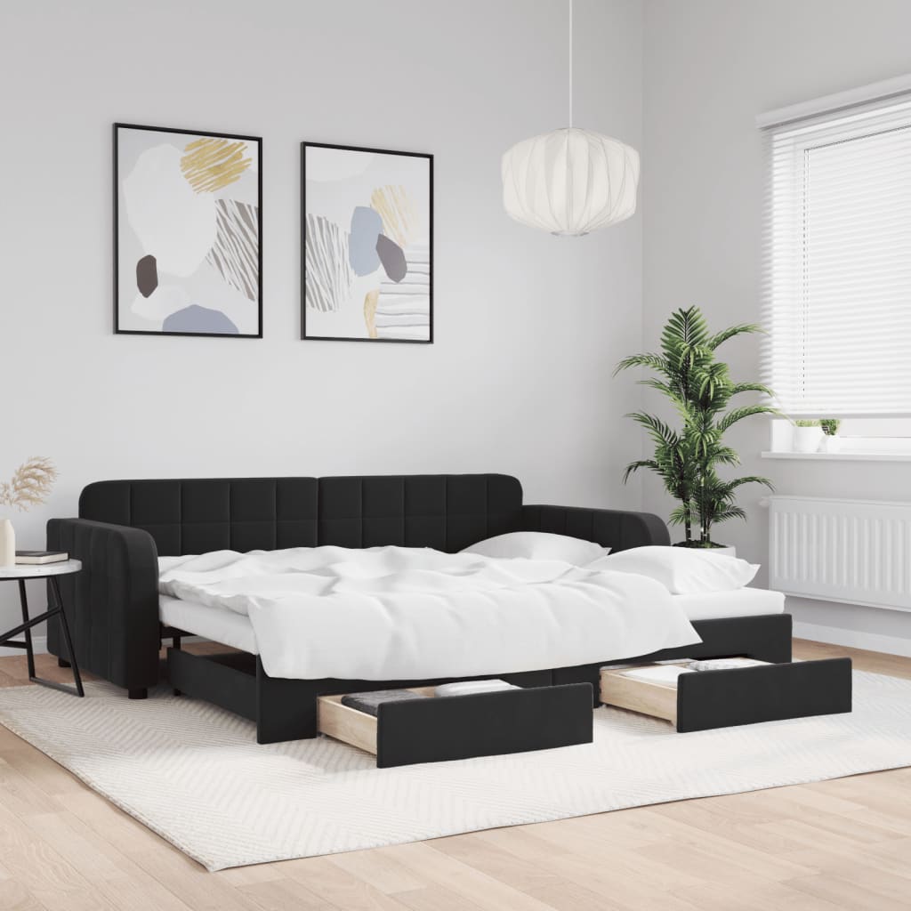 JUNG Vida Tagesbett Ausziehbar mit Schubladen Schwarz 90x200 cm Samt