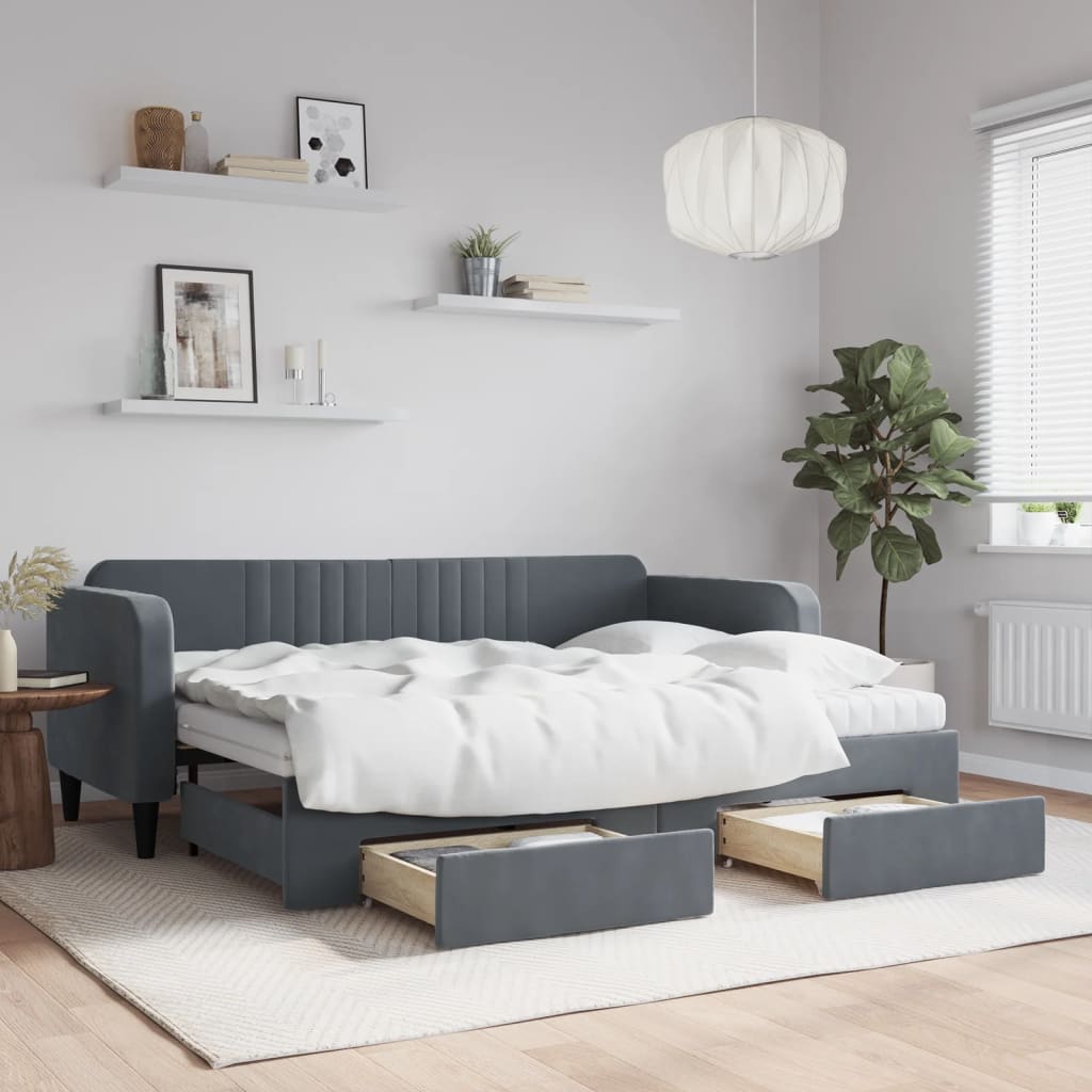 JUNG Vida Tagesbett Ausziehbar mit Schubladen Dunkelgrau 80x200 cm Samt