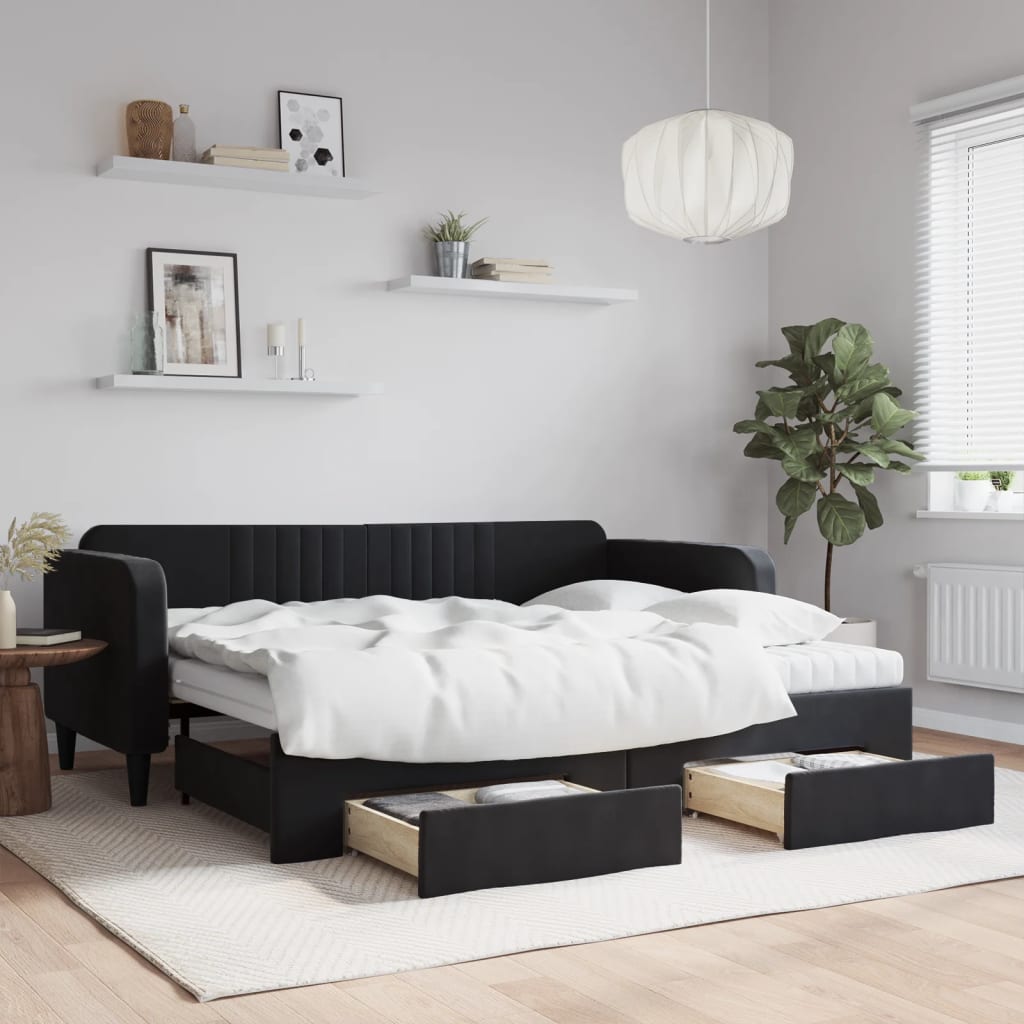 JUNG Vida Tagesbett Ausziehbar mit Schubladen Schwarz 90x200 cm Samt