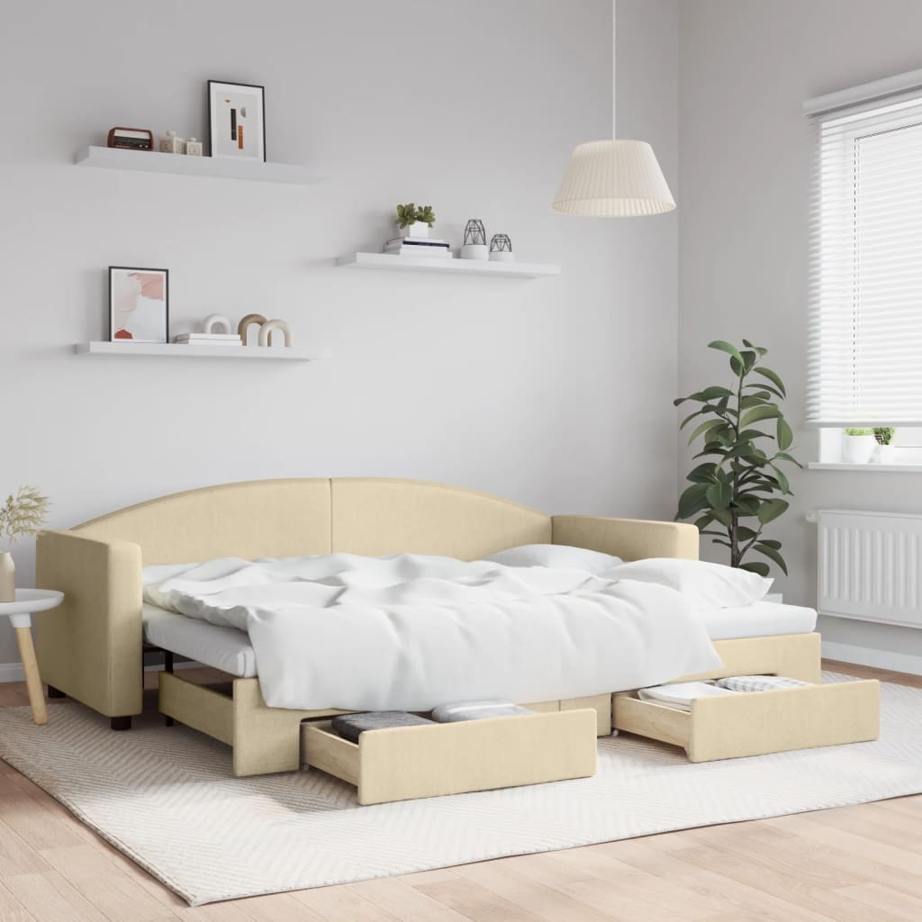 JUNG Vida Tagesbett Ausziehbar mit Schubladen Creme 80x200 cm Stoff