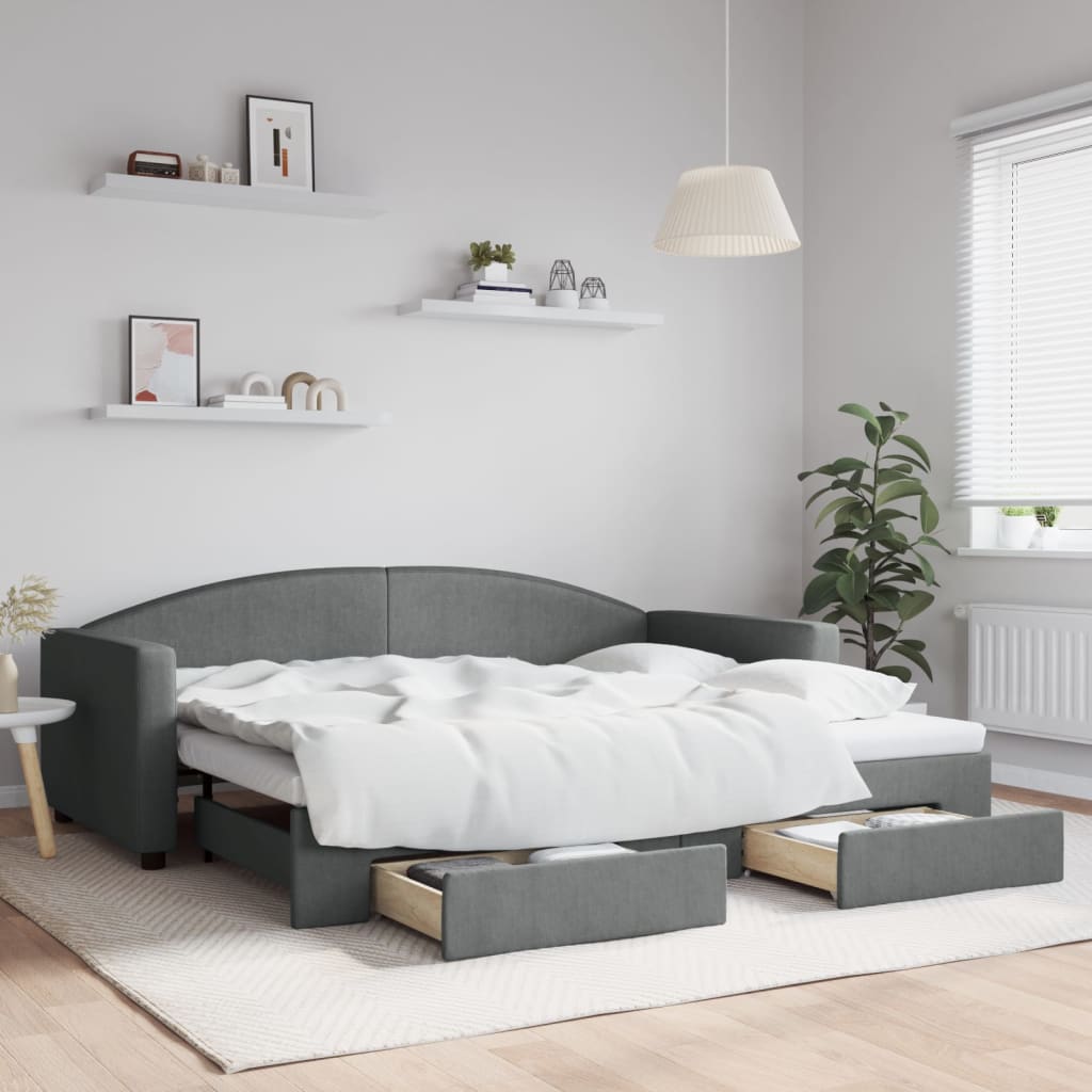 JUNG Vida Tagesbett Ausziehbar mit Schubladen Dunkelgrau 90x200 cm Stoff