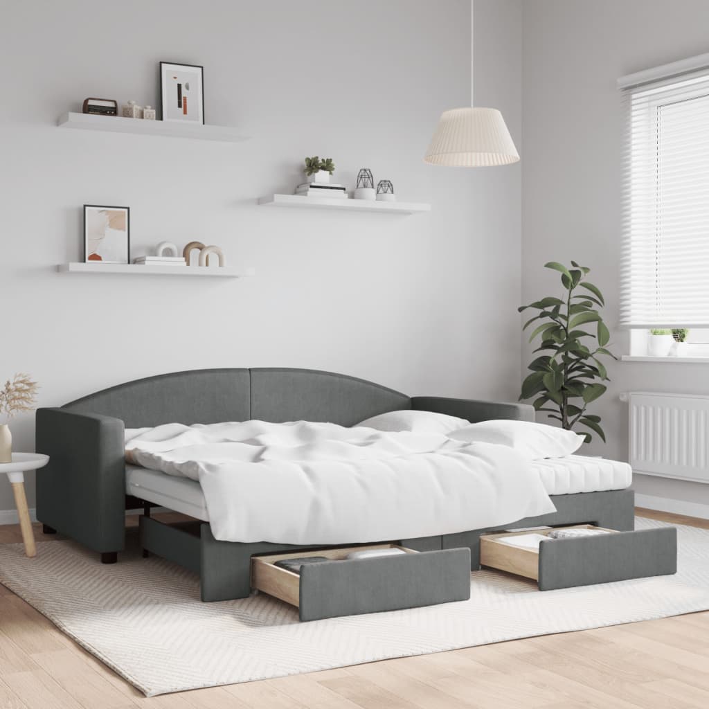 JUNG Vida Tagesbett Ausziehbar mit Schubladen Dunkelgrau 90x190 cm Stoff