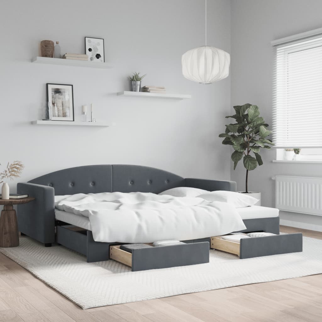 JUNG Vida Tagesbett Ausziehbar mit Schubladen Dunkelgrau 90x200 cm Samt