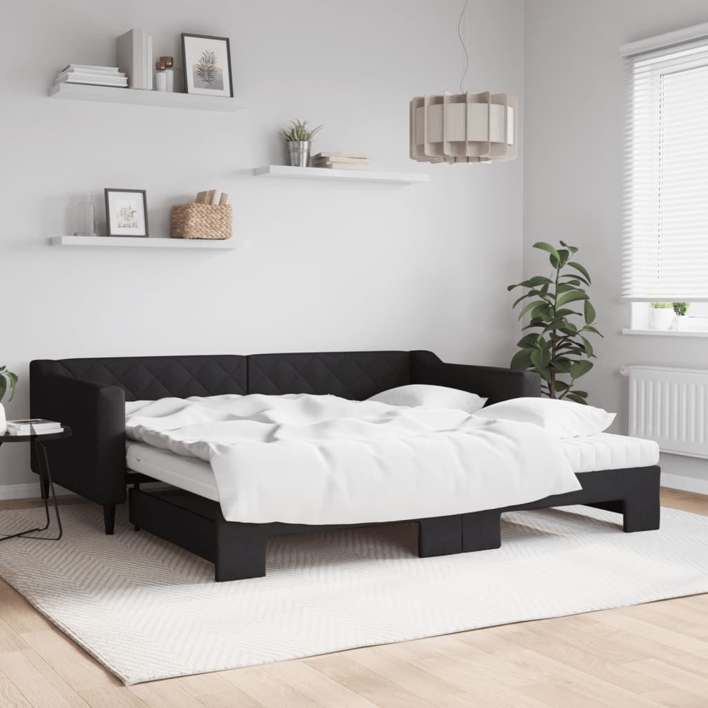 JUNG Vida Tagesbett Ausziehbar mit Matratzen Schwarz 100x200 cm Stoff