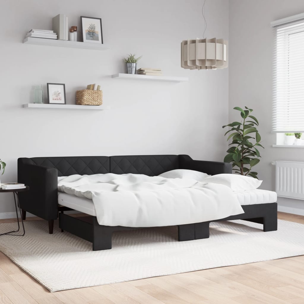 JUNG Vida Tagesbett Ausziehbar mit Matratzen Schwarz 90x190 cm Stoff