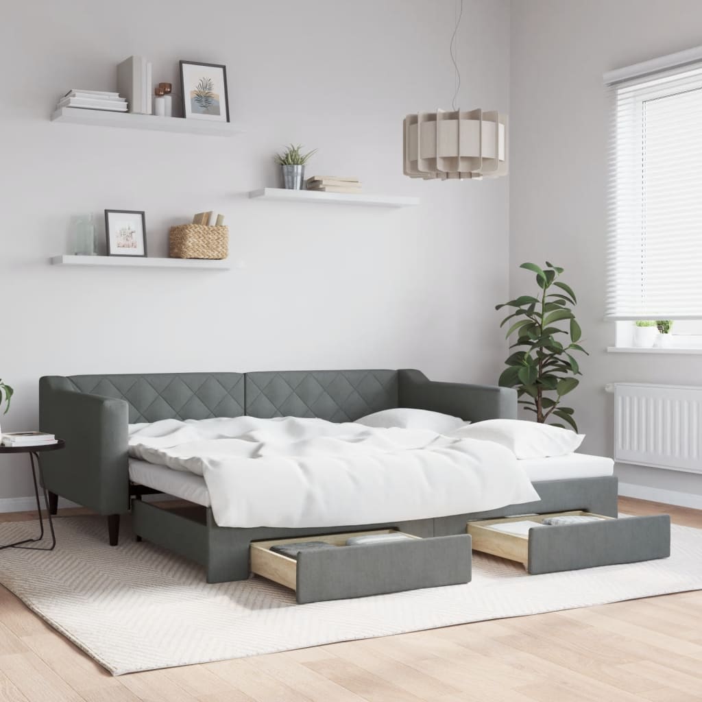 JUNG Vida Tagesbett Ausziehbar mit Schubladen Dunkelgrau 90x190 cm Stoff