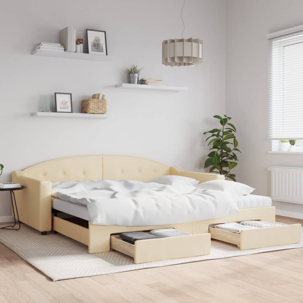 JUNG Vida Tagesbett Ausziehbar mit Schubladen Creme 100x200 cm Stoff