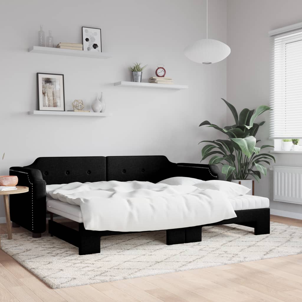 JUNG Vida Tagesbett Ausziehbar mit Matratzen Schwarz 80x200 cm Stoff