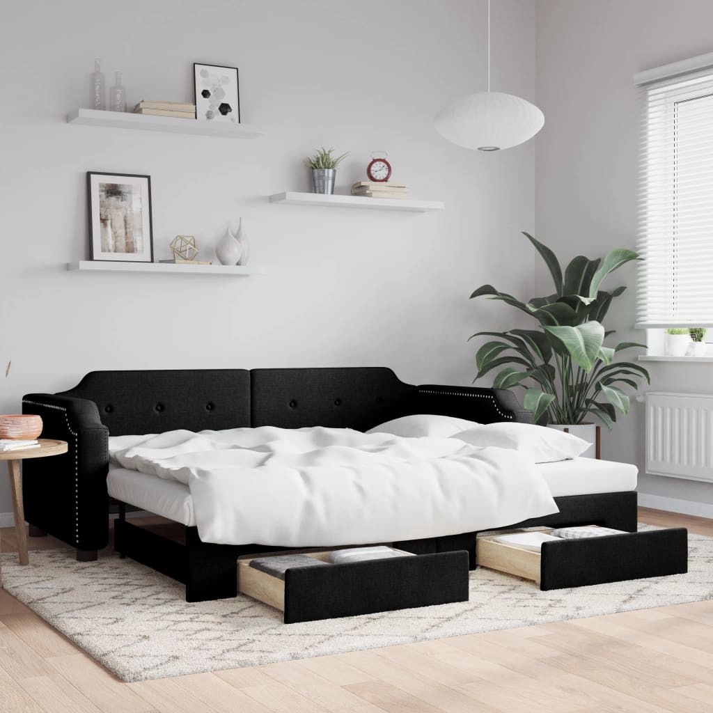 JUNG Vida Tagesbett Ausziehbar mit Schubladen Schwarz 90x200 cm Stoff