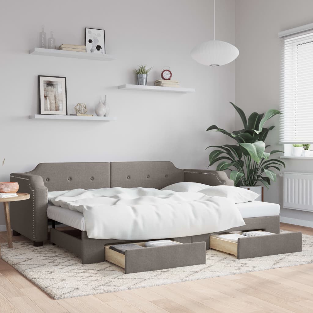JUNG Vida Tagesbett Ausziehbar mit Schubladen Taupe 90x200 cm Stoff