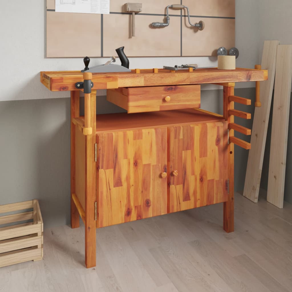 JUNG Vida Werkbank mit Schublade und Schraubstöcken 124 x 52 x 83 cm Massivholz Akazie