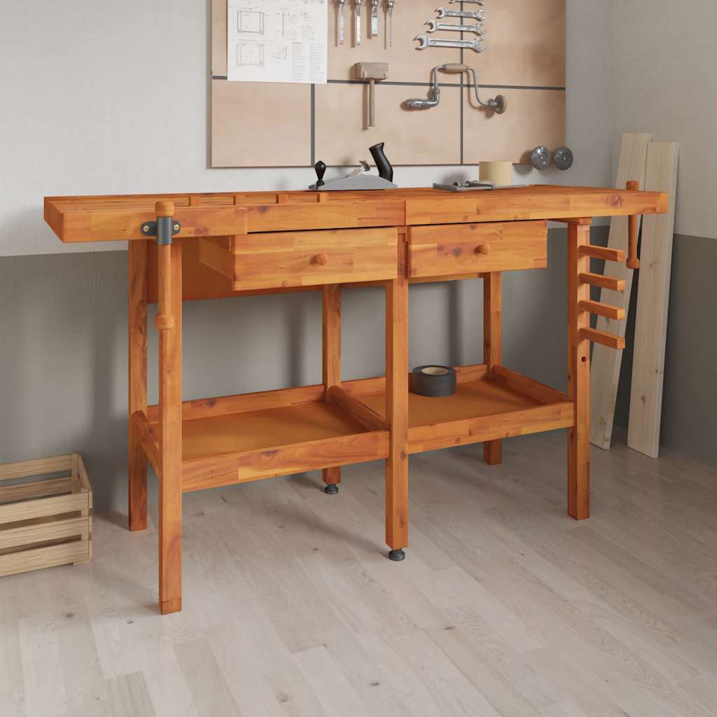 JUNG Vida Werkbank mit Schubladen Schraubstöcken 162x62x83 cm Akazienholz